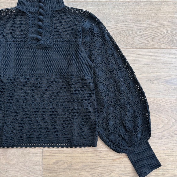 Sheer Black Crochet Mock Neck Long Sleeve Button Up Blouse Top Boho Small - Picture 15 of 15